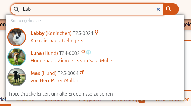 Suche für die Tiere