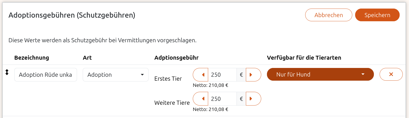 Die angelegte Gebühr wird später nur für die ausgewählten Tierarten angezeigt