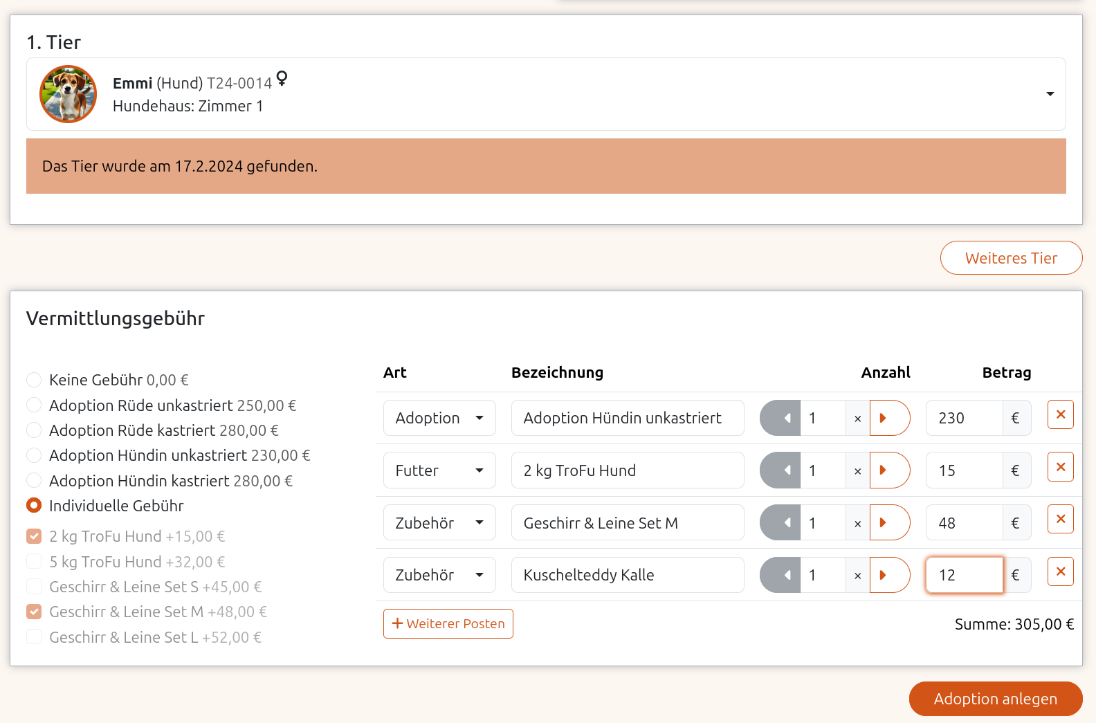 Zusammensetzung der Gebühren für die Vermittlung von Hündin Emmi