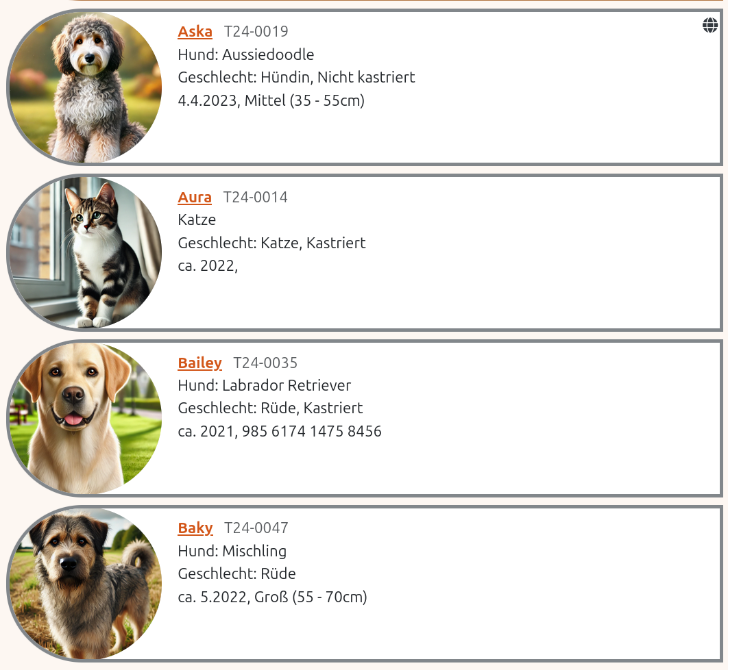 Ansicht der Tierliste in der Anigu Tierverwaltung