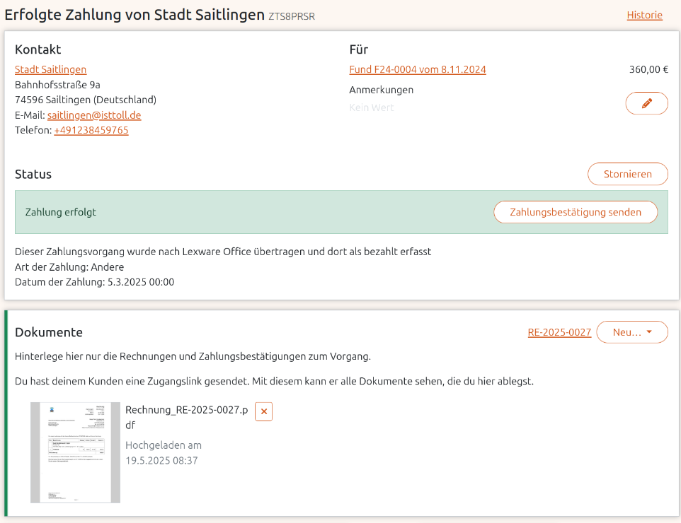 Zahlungsvorgang mit Übertragung an Lexware