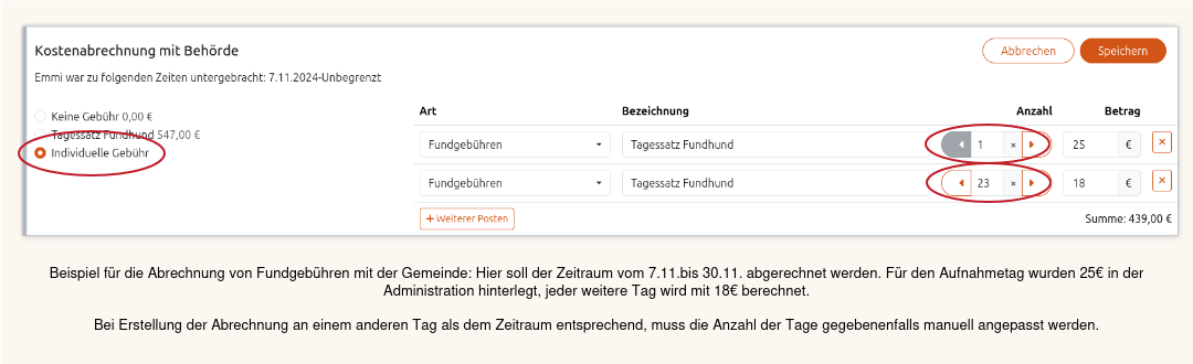 Beispiel für Fundgebühren in der Anigu Tierverwaltung