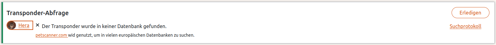 Beispiel für die Suche nach einer Registrierung des Transponderchips in der Anigu Tierverwaltung
