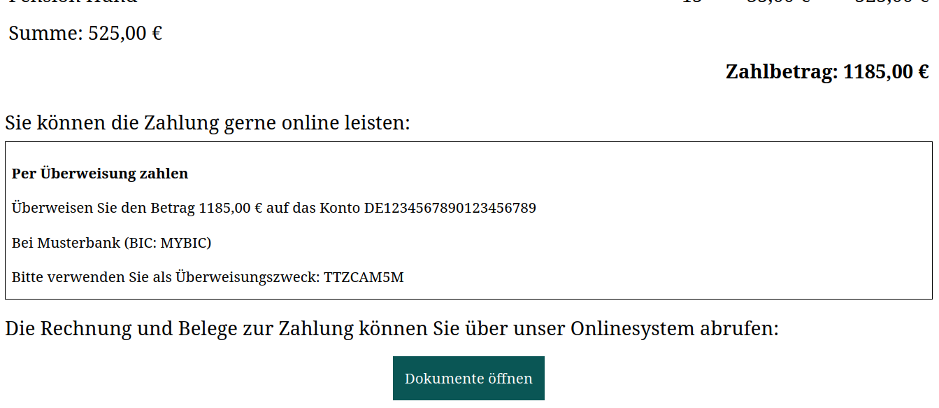 Dokumente zum Zahlungsvorgang öffnen in der Zahlungsbestätigungs-E-Mail