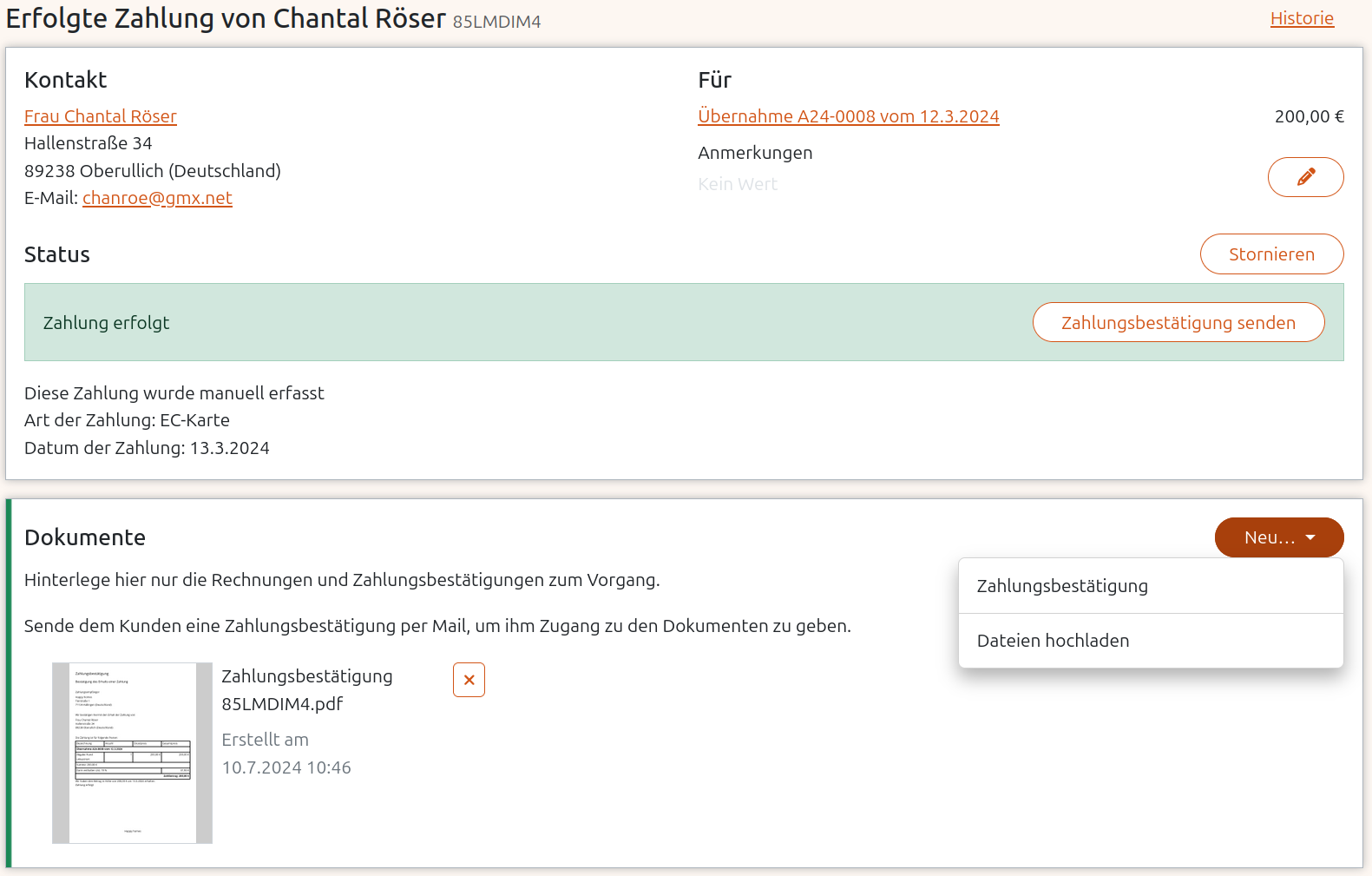 Dokumente zum Zahlungsvorgang hinzufügen