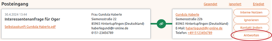 Interessentenanfrage im Posteingang in der Anigu Tierverwaltung