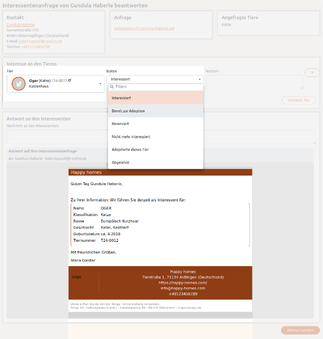 Antwort-E-Mail auf Interessentenanfrage in der Anigu Tierverwaltung