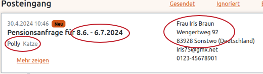 Pensionsanfrage im Posteingang in der Anigu Tierverwaltung
