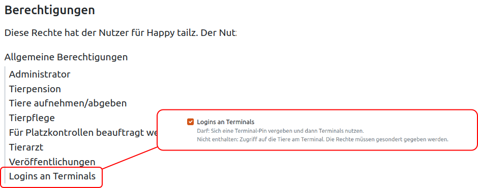 Berechtigungen für einen Nutzeraccount in der Anigu Tierverwaltung