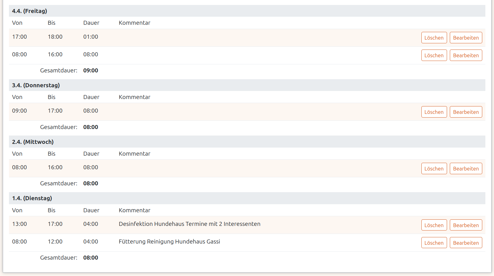 Eingetragene Zeiterfassung löschen oder bearbeiten